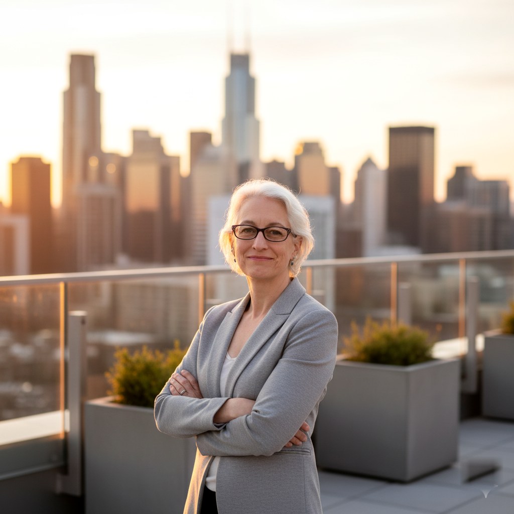 Annie Sires on a rooftop at golden hour, the city skyline behind her, founder of Mirror View