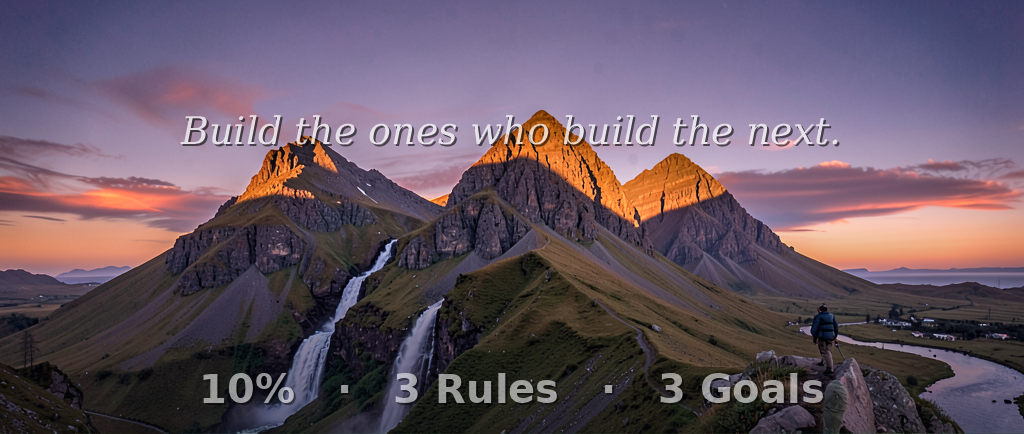 Three Wasatch peaks at sunrise, waterfalls splitting into many streams, a climber ascending. Ten percent, three rules, three goals.